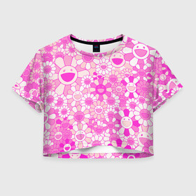 Женская футболка Crop-top 3D с принтом MURAKAMI PINK МУРАКАМИ РОЗОВЫЙ в городе Новоалтайск, 100% полиэстер | круглая горловина, длина футболки до линии талии, рукава с отворотами | cute flowers | flower superflat | flowers | murakami | pop art | superflat | takashi murakami | милые цветочки | мураками | ромашки | такаси мураками | такаши мураками | цветочки | цветы