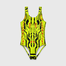 Детский купальник 3D с принтом Cyberpunk 2077 YELLOW в городе Новоалтайск, Полиэстер 85%, Спандекс 15% | Слитный крой, подклад по переду изделия, узкие бретели | будущее | жолтый | киберпанк | минимализм | полосы | схемы