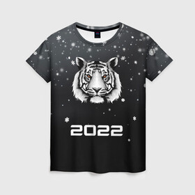 Женская футболка 3D с принтом Новогодний тигр символ 2022. в городе Новоалтайск, 100% полиэфир ( синтетическое хлопкоподобное полотно) | прямой крой, круглый вырез горловины, длина до линии бедер | 2022 | merry christmas | год тигра | зима близко | нг | новогодний | новогодний тигр | новогодняя символика | новый год | новый год 2022 | рождество | символ 2022 года | снег | снежинки | тигр
