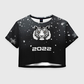 Женская футболка Crop-top 3D с принтом Новогодний тигр символ 2022. в городе Новоалтайск, 100% полиэстер | круглая горловина, длина футболки до линии талии, рукава с отворотами | 2022 | merry christmas | год тигра | зима близко | нг | новогодний | новогодний тигр | новогодняя символика | новый год | новый год 2022 | рождество | символ 2022 года | снег | снежинки | тигр