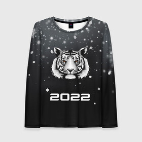 Женский лонгслив 3D с принтом Новогодний тигр символ 2022. в городе Новоалтайск, 100% полиэстер | длинные рукава, круглый вырез горловины, полуприлегающий силуэт | 2022 | merry christmas | год тигра | зима близко | нг | новогодний | новогодний тигр | новогодняя символика | новый год | новый год 2022 | рождество | символ 2022 года | снег | снежинки | тигр