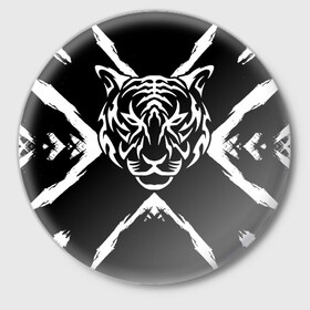 Значок с принтом Tiger Black & White Черно-белый Тигр в городе Новоалтайск,  металл | круглая форма, металлическая застежка в виде булавки | Тематика изображения на принте: cat | tiger | год тигра | зверь | кошка | символ года | тигр | хищник