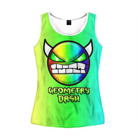 Женская майка 3D с принтом Геометри Дэш радужный Geometry Dash в городе Новоалтайск, 100% полиэстер | круглая горловина, прямой силуэт, длина до линии бедра | demon | game | geometry dash | геометри даш | геометри дэш | геометрии даш | геометрии дэш | геометрия даш | игра