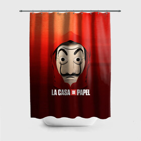 Штора 3D для ванной с принтом СЕРИАЛ БУМАЖНЫЙ ДОМ LA CASA DE PAPEL в городе Новоалтайск, 100% полиэстер | плотность материала — 100 г/м2. Стандартный размер — 146 см х 180 см. По верхнему краю — пластиковые люверсы для креплений. В комплекте 10 пластиковых колец | bella ciao | la casa de papel | бумажный дом | ла каса де | ла каса де папель | ла каса де пепел | лакаса | сериал | фильм
