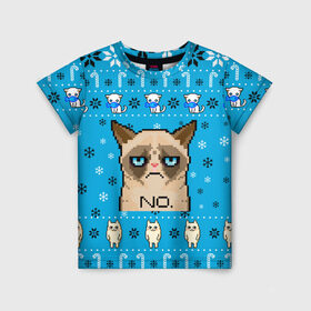 Детская футболка 3D с принтом Grumpy КОТ МЕМ НОВОГОДНИЙ в городе Новоалтайск, 100% гипоаллергенный полиэфир | прямой крой, круглый вырез горловины, длина до линии бедер, чуть спущенное плечо, ткань немного тянется | 2021 | 2022 | cat | christmas | mem | merry | merry christmas | new year | snow | sweater | ugly christmas | winter | зима | кис | киска | кот | котейка | котик | коты | котяра | кошка | кошки | мем | мемы | новогодний | новогодняя | новый 