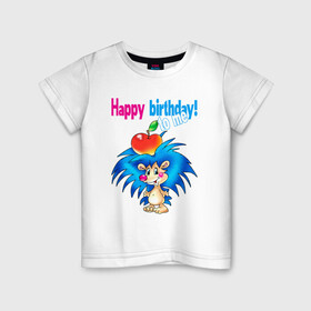 Детская футболка хлопок с принтом Happy Birthday to me! в городе Новоалтайск, 100% хлопок | круглый вырез горловины, полуприлегающий силуэт, длина до линии бедер | cute hedgehog | happy birthday to me | hedgehog | holds an apple | on his head | small | stand | держит яблоко | ёж | маленький | милый ёжик | на голове | с днем рождения меня | стойт