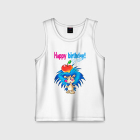 Детская майка хлопок с принтом Happy Birthday to me в городе Новоалтайск,  |  | cute hedgehog | happy birthday to me | hedgehog | holds an apple | on his head | small | stand | держит яблоко | ёж | маленький | милый ёжик | на голове | с днем рождения меня | стойт