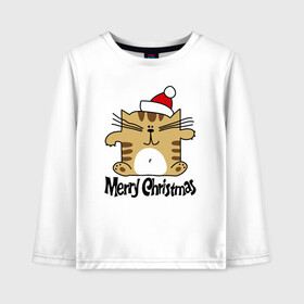 Детский лонгслив хлопок с принтом Merry Christmas: квадратный кот в городе Новоалтайск, 100% хлопок | круглый вырез горловины, полуприлегающий силуэт, длина до линии бедер | kitten | merry christmas | red cap | santa claus | sitting | square | tabby cat | квадратный | котёнок | красный колпак | полосатый кот | санта клауса | сидит | счастливого рождества