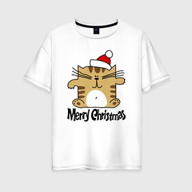 Женская футболка хлопок Oversize с принтом Merry Christmas квадратный кот в городе Новоалтайск, 100% хлопок | свободный крой, круглый ворот, спущенный рукав, длина до линии бедер
 | kitten | merry christmas | red cap | santa claus | sitting | square | tabby cat | квадратный | котёнок | красный колпак | полосатый кот | санта клауса | сидит | счастливого рождества