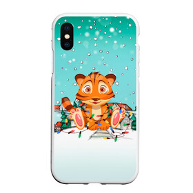 Чехол для iPhone XS Max матовый с принтом Тигренок запутался в гирляндах в городе Новоалтайск, Силикон | Область печати: задняя сторона чехла, без боковых панелей | 2022 | год тигра | новый год | новый год 2022 | символ года | тигр | тигренок | тигрица | тигры