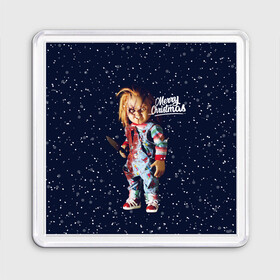 Магнит 55*55 с принтом Новогодний Чаки New Years Chucky в городе Новоалтайск, Пластик | Размер: 65*65 мм; Размер печати: 55*55 мм | Тематика изображения на принте: chucky | кино | кукла | монстр | новый год | нож | рождество | снег | снежинка | ужасы | хоррор | чаки