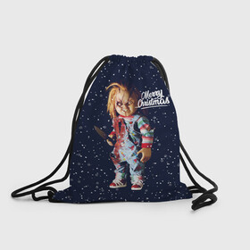 Рюкзак-мешок 3D с принтом Новогодний Чаки New Years Chucky в городе Новоалтайск, 100% полиэстер | плотность ткани — 200 г/м2, размер — 35 х 45 см; лямки — толстые шнурки, застежка на шнуровке, без карманов и подкладки | chucky | кино | кукла | монстр | новый год | нож | рождество | снег | снежинка | ужасы | хоррор | чаки