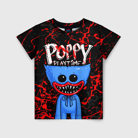 Детская футболка 3D с принтом POPPY PLAYTIME ПОППИ ПЛЕЙТАЙМ ХАГГИ ВАГГИ BLOOD в городе Новоалтайск, 100% гипоаллергенный полиэфир | прямой крой, круглый вырез горловины, длина до линии бедер, чуть спущенное плечо, ткань немного тянется | huggy wuggy | huggywuggy | poppy playtime | видеоигра | время игры с поппи | вугги | вуги | заброшенная фабрика игрушек | игра | кровь | кукла | монстр | попи плей тайм | попиплэйтайм | поппи плейтайм | ужасы | хагги