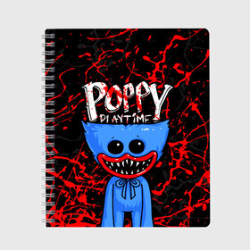 Тетрадь с принтом POPPY PLAYTIME ПОППИ ПЛЕЙТАЙМ ХАГГИ ВАГГИ BLOOD в городе Новоалтайск, 100% бумага | 48 листов, плотность листов — 60 г/м2, плотность картонной обложки — 250 г/м2. Листы скреплены сбоку удобной пружинной спиралью. Уголки страниц и обложки скругленные. Цвет линий — светло-серый
 | huggy wuggy | huggywuggy | poppy playtime | видеоигра | время игры с поппи | вугги | вуги | заброшенная фабрика игрушек | игра | кровь | кукла | монстр | попи плей тайм | попиплэйтайм | поппи плейтайм | ужасы | хагги