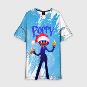 Детское платье 3D с принтом Новогодний Poppy Playtime. в городе Новоалтайск, 100% полиэстер | прямой силуэт, чуть расширенный к низу. Круглая горловина, на рукавах — воланы | 2021 | 2022 | happy new year | play | poppy | poppy playtime | poppyplaytime | time | игра | монстр | новогодний poppy playtime | новый год | праздник | снежинки
