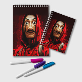 Блокнот с принтом БУМАЖНЫЙ ДОМ БРЫЗГИ КРАСОК - LA CASA DE PAPEL в городе Новоалтайск, 100% бумага | 48 листов, плотность листов — 60 г/м2, плотность картонной обложки — 250 г/м2. Листы скреплены удобной пружинной спиралью. Цвет линий — светло-серый
 | Тематика изображения на принте: bella ciao | la casa de papel | брызги красок | бумажный дом | краска | ла каса де | ла каса де папель | ла каса де пепел | лакаса | сериал | фильм