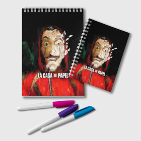 Блокнот с принтом БУМАЖНЫЙ ДОМ РИСУНОК - LA CASA DE PAPEL BELLA CIAO в городе Новоалтайск, 100% бумага | 48 листов, плотность листов — 60 г/м2, плотность картонной обложки — 250 г/м2. Листы скреплены удобной пружинной спиралью. Цвет линий — светло-серый
 | Тематика изображения на принте: bella ciao | la casa de papel | бумажный дом | ла каса де | ла каса де папель | ла каса де пепел | лакаса | сериал | фильм