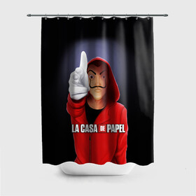 Штора 3D для ванной с принтом LA CASA DE PAPEL BELLA CIAO - БУМАЖНЫЙ ДОМ в городе Новоалтайск, 100% полиэстер | плотность материала — 100 г/м2. Стандартный размер — 146 см х 180 см. По верхнему краю — пластиковые люверсы для креплений. В комплекте 10 пластиковых колец | bella ciao | la casa de papel | бумажный дом | ла каса де | ла каса де папель | ла каса де пепел | лакаса | сериал | фильм