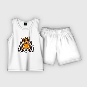Детская пижама с шортами хлопок с принтом Тигр в короне  Tiger in crown в городе Новоалтайск,  |  | Тематика изображения на принте: tiger | восточный тигр | год тигра | голова | кошка | тигр | тигренок | хищник