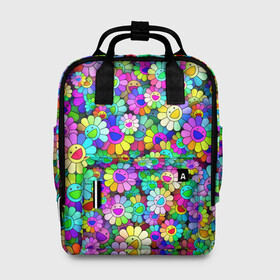 Женский рюкзак 3D с принтом Rainbow flowers в городе Новоалтайск, 100% полиэстер | лямки с регулируемой длиной, сверху ручки, чтобы рюкзак нести как сумку. Основное отделение закрывается на молнию, как и внешний карман. Внутри два дополнительных кармана, один из которых закрывается на молнию. По бокам два дополнительных кармашка, куда поместится маленькая бутылочка
 | Тематика изображения на принте: takashi murakami | паттерн | радуга | смайл | такаси мураками | улыбка | цветы