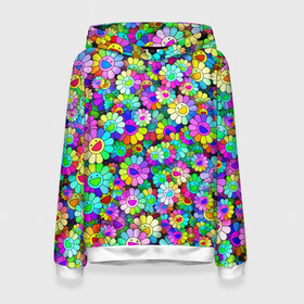 Женская толстовка 3D с принтом Rainbow flowers в городе Новоалтайск, 100% полиэстер  | двухслойный капюшон со шнурком для регулировки, мягкие манжеты на рукавах и по низу толстовки, спереди карман-кенгуру с мягким внутренним слоем. | takashi murakami | паттерн | радуга | смайл | такаси мураками | улыбка | цветы