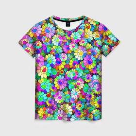 Женская футболка 3D с принтом Rainbow flowers в городе Новоалтайск, 100% полиэфир ( синтетическое хлопкоподобное полотно) | прямой крой, круглый вырез горловины, длина до линии бедер | takashi murakami | паттерн | радуга | смайл | такаси мураками | улыбка | цветы