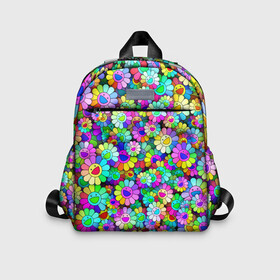Детский рюкзак 3D с принтом Rainbow flowers в городе Новоалтайск, 100% полиэстер | лямки с регулируемой длиной, сверху петелька, чтобы рюкзак можно было повесить на вешалку. Основное отделение закрывается на молнию, как и внешний карман. Внутри дополнительный карман. По бокам два дополнительных кармашка | takashi murakami | паттерн | радуга | смайл | такаси мураками | улыбка | цветы