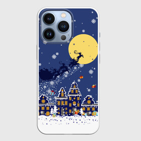 Чехол для iPhone 13 Pro с принтом Санта Клаус на оленях в небе в городе Новоалтайск,  |  | Тематика изображения на принте: big moon | christmas | city | fly | houses | in the night sky | light in the windows | new year | reindeer | santa claus | большая луна | в ночном небе | город | дома | летят | новый год | олени | рождество | санта клаус