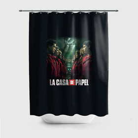 Штора 3D для ванной с принтом ПЕРСОНАЖИ БУМАЖНЫЙ ДОМ - LA CASA DE PAPEL в городе Новоалтайск, 100% полиэстер | плотность материала — 100 г/м2. Стандартный размер — 146 см х 180 см. По верхнему краю — пластиковые люверсы для креплений. В комплекте 10 пластиковых колец | bella ciao | la casa de papel | бумажный дом | ла каса де | ла каса де папель | ла каса де пепел | лакаса | сериал | фильм