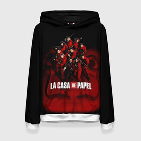 Женская толстовка 3D с принтом ГЕРОИ СЕРИАЛА БУМАЖНЫЙ ДОМ - LA CASA DE PAPEL в городе Новоалтайск, 100% полиэстер  | двухслойный капюшон со шнурком для регулировки, мягкие манжеты на рукавах и по низу толстовки, спереди карман-кенгуру с мягким внутренним слоем. | bella ciao | la casa de papel | бумажный дом | ла каса де | ла каса де папель | ла каса де пепел | лакаса | сериал | фильм