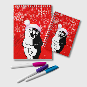 Блокнот с принтом НОВОГОДНИЙ MONOKUMA. в городе Новоалтайск, 100% бумага | 48 листов, плотность листов — 60 г/м2, плотность картонной обложки — 250 г/м2. Листы скреплены удобной пружинной спиралью. Цвет линий — светло-серый
 | Тематика изображения на принте: 2022 | anime | black  white | danganronpa | happy new year | kurokuma | merry christmas | monodam | monokuma | monomi | monotaro | pink | shirokuma | аниме | год тигра | зима близко | мoноми | монокума | нг | новогодний | новый год | новый 
