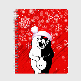 Тетрадь с принтом НОВОГОДНИЙ MONOKUMA. в городе Новоалтайск, 100% бумага | 48 листов, плотность листов — 60 г/м2, плотность картонной обложки — 250 г/м2. Листы скреплены сбоку удобной пружинной спиралью. Уголки страниц и обложки скругленные. Цвет линий — светло-серый
 | 2022 | anime | black  white | danganronpa | happy new year | kurokuma | merry christmas | monodam | monokuma | monomi | monotaro | pink | shirokuma | аниме | год тигра | зима близко | мoноми | монокума | нг | новогодний | новый год | новый 