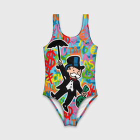 Детский купальник 3D с принтом Alec Monopoly Капиталист с деньгами в городе Новоалтайск, Полиэстер 85%, Спандекс 15% | Слитный крой, подклад по переду изделия, узкие бретели | alec monopoly | art | capitalist | graffiti | money | retro | street style | urban style | алек монополи | арт | граффити | деньги | доллар | искусство | капиталист | кляксы | миллионер | монополия | ретро | рисунки | современное искусст