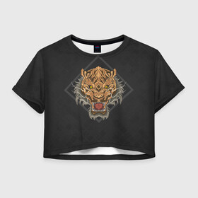 Женская футболка Crop-top 3D с принтом Голова тигра в ромбе в городе Новоалтайск, 100% полиэстер | круглая горловина, длина футболки до линии талии, рукава с отворотами | furry | low poly | tiger | восточный тигр | год тигра | голова | кошка | лоу поли | тигр | тигренок | фурри | хищник