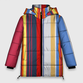 Женская зимняя куртка Oversize с принтом Stripes Abstract в городе Новоалтайск, верх — 100% полиэстер; подкладка — 100% полиэстер; утеплитель — 100% полиэстер | длина ниже бедра, силуэт Оверсайз. Есть воротник-стойка, отстегивающийся капюшон и ветрозащитная планка. 

Боковые карманы с листочкой на кнопках и внутренний карман на молнии | абстракция | акриловая | акриловый | без лишнего | белую | белый | в полоску | голубую | желтую | желтый | красную | красный | линии | на каждый день | полоски | разноцветная | разноцветное
