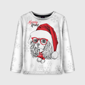 Детский лонгслив 3D с принтом Happy Christmas кокер спаниель в городе Новоалтайск, 100% полиэстер | длинные рукава, круглый вырез горловины, полуприлегающий силуэт
 | american | cap | christmas | cocker spaniel | happy christmas | knitted scarf | new year | purebred dog | red | santa claus | snowflakes | американский | вязаный шарф | кокер спаниель | колпак | красные | новый год | очки | породистая собака | р