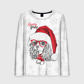 Женский лонгслив 3D с принтом Happy Christmas кокер спаниель в городе Новоалтайск, 100% полиэстер | длинные рукава, круглый вырез горловины, полуприлегающий силуэт | american | cap | christmas | cocker spaniel | happy christmas | knitted scarf | new year | purebred dog | red | santa claus | snowflakes | американский | вязаный шарф | кокер спаниель | колпак | красные | новый год | очки | породистая собака | р
