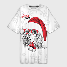 Платье-футболка 3D с принтом Happy Christmas: кокер спаниель в городе Новоалтайск,  |  | american | cap | christmas | cocker spaniel | happy christmas | knitted scarf | new year | purebred dog | red | santa claus | snowflakes | американский | вязаный шарф | кокер спаниель | колпак | красные | новый год | очки | породистая собака | р