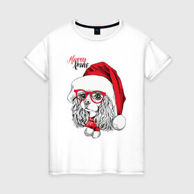 Женская футболка хлопок с принтом Happy Christmas американский кокер спаниель в городе Новоалтайск, 100% хлопок | прямой крой, круглый вырез горловины, длина до линии бедер, слегка спущенное плечо | american | cap | christmas | cocker spaniel | happy christmas | knitted scarf | new year | purebred dog | red | santa claus | snowflakes | американский | вязаный шарф | кокер спаниель | колпак | красные | новый год | очки | породистая собака | р