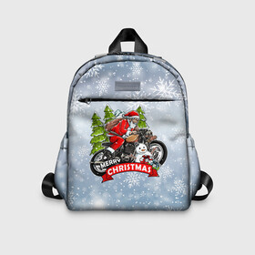 Детский рюкзак 3D с принтом Санта Байкер Santa on the motorbike в городе Новоалтайск, 100% полиэстер | лямки с регулируемой длиной, сверху петелька, чтобы рюкзак можно было повесить на вешалку. Основное отделение закрывается на молнию, как и внешний карман. Внутри дополнительный карман. По бокам два дополнительных кармашка | Тематика изображения на принте: bike | christmas | moto | santa | байк | дед мороз | елка | зима | мотоцикл | новый год | подарок | рождество | санта | снег | снеговик | снежинка