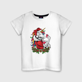 Детская футболка хлопок с принтом Unicorn Santa в городе Новоалтайск, 100% хлопок | круглый вырез горловины, полуприлегающий силуэт, длина до линии бедер | 2022 | 2022 год | happy new year | santa | год тигра | дед мороз | каникулы | мороз | новогодний свитер | новый год | новый год 2022 | новый год тигра | оливье | праздник | рождество | санта клаус | свитер новогодний