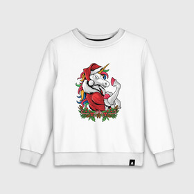 Детский свитшот хлопок с принтом Unicorn Santa в городе Новоалтайск, 100% хлопок | круглый вырез горловины, эластичные манжеты, пояс и воротник | 2022 | 2022 год | happy new year | santa | год тигра | дед мороз | каникулы | мороз | новогодний свитер | новый год | новый год 2022 | новый год тигра | оливье | праздник | рождество | санта клаус | свитер новогодний