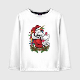 Детский лонгслив хлопок с принтом Unicorn Santa в городе Новоалтайск, 100% хлопок | круглый вырез горловины, полуприлегающий силуэт, длина до линии бедер | 2022 | 2022 год | happy new year | santa | год тигра | дед мороз | каникулы | мороз | новогодний свитер | новый год | новый год 2022 | новый год тигра | оливье | праздник | рождество | санта клаус | свитер новогодний