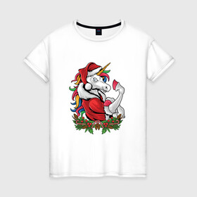 Женская футболка хлопок с принтом Unicorn Santa в городе Новоалтайск, 100% хлопок | прямой крой, круглый вырез горловины, длина до линии бедер, слегка спущенное плечо | 2022 | 2022 год | happy new year | santa | год тигра | дед мороз | каникулы | мороз | новогодний свитер | новый год | новый год 2022 | новый год тигра | оливье | праздник | рождество | санта клаус | свитер новогодний