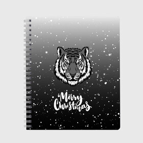 Тетрадь с принтом Merry Christmas Год Тигра 2022. в городе Новоалтайск, 100% бумага | 48 листов, плотность листов — 60 г/м2, плотность картонной обложки — 250 г/м2. Листы скреплены сбоку удобной пружинной спиралью. Уголки страниц и обложки скругленные. Цвет линий — светло-серый
 | 2022 | happy new year | merry christmas | год тигра | зима близко | нг | новогодний | новогодний тигр | новогодняя символика | новый год | новый год 2022 | рождество | символ 2022 года | снег | снежинки | тигр