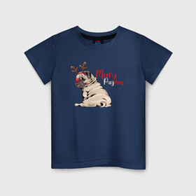 Детская футболка хлопок с принтом Merry Pugmas в городе Новоалтайск, 100% хлопок | круглый вырез горловины, полуприлегающий силуэт, длина до линии бедер | 2022 | 2022 год | happy new year | santa | год тигра | дед мороз | каникулы | мороз | новогодний свитер | новый год | новый год 2022 | новый год тигра | оливье | праздник | рождество | санта клаус | свитер новогодний