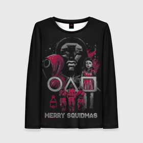 Женский лонгслив 3D с принтом Новогодний свитер Игра в кальмара Squid Game Ugly Sweater в городе Новоалтайск, 100% полиэстер | длинные рукава, круглый вырез горловины, полуприлегающий силуэт | 001 | 067 | 456 | battle royale | guardians | korea | netflix | new year | pixel a | squid game | survival | батл роял | баттл роял | выживание | вязанный | игра | игра в кальмара | кальмар | квадрат | корея | круг | кукла | нетфликс | новый год | п