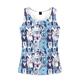 Женская майка 3D с принтом Забавные Пёсели паттерн Funny Dogs pattern в городе Новоалтайск, 100% полиэстер | круглая горловина, прямой силуэт, длина до линии бедра | dog | бульдог | далматинец | йорк | мопс | песик | порода | смешной | собака