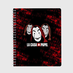 Тетрадь с принтом БУМАЖНЫЙ ДОМ СЕРИАЛ LA CASA DE PAPEL BELLA CIAO в городе Новоалтайск, 100% бумага | 48 листов, плотность листов — 60 г/м2, плотность картонной обложки — 250 г/м2. Листы скреплены сбоку удобной пружинной спиралью. Уголки страниц и обложки скругленные. Цвет линий — светло-серый
 | Тематика изображения на принте: bella ciao | la casa de papel | бумажный дом | ла каса де | ла каса де папель | ла каса де пепел | лакаса | сериал | фильм