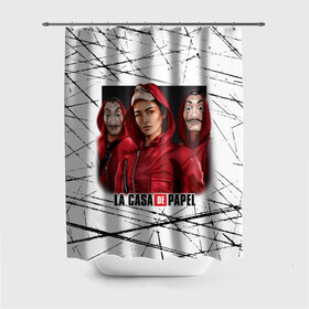 Штора 3D для ванной с принтом СЕРИАЛ БУМАЖНЫЙ ДОМ LA CASA DE PAPEL BELLA CIAO в городе Новоалтайск, 100% полиэстер | плотность материала — 100 г/м2. Стандартный размер — 146 см х 180 см. По верхнему краю — пластиковые люверсы для креплений. В комплекте 10 пластиковых колец | bella ciao | la casa de papel | бумажный дом | ла каса де | ла каса де папель | ла каса де пепел | лакаса | сериал | фильм